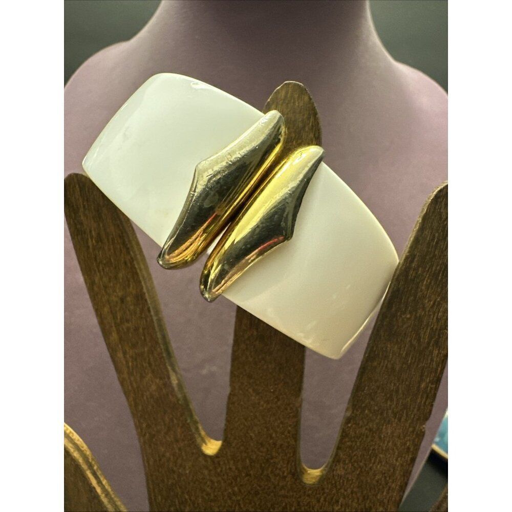 Vintage Monet White Hinged Bracelet Signed Gold Accent Chunky Jewelry Statement